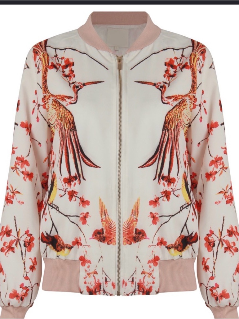 TRF Outerwear Floral Bird crane Print Bomber Jacket